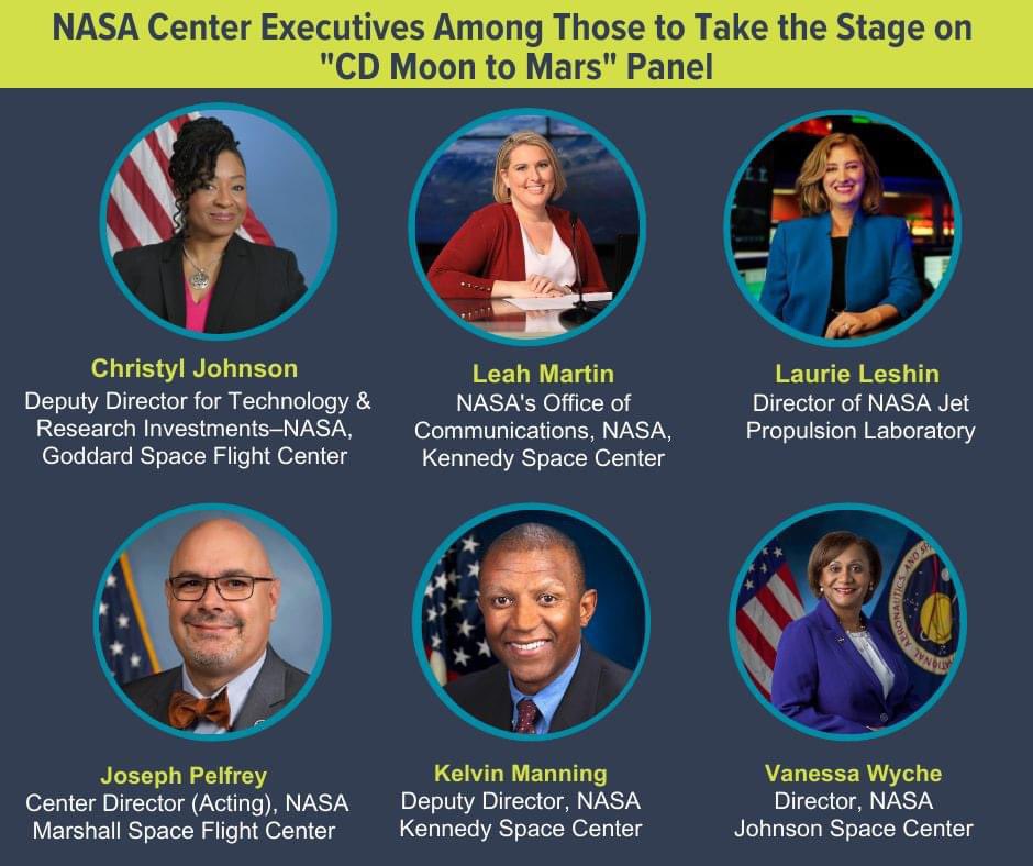 📣 NASA Center Execs Take Stage for #SpaceCom | #spacecongressfl Feb 1st Keynote: “CD Moon to Mars.” Impressive group will speak on initiatives to enable #NASA’s mission to Moon &amp; Mars 🚀✨🛰️🌗 💚 🔴
 #Artemis #wearegoing #KSC #JSC #MSFC #JPL #gsfc #Spaceexploration #MoonToMars