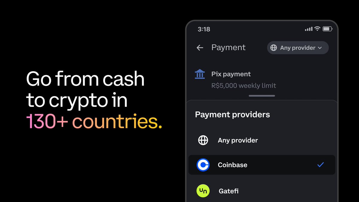 Use local fiat onramps around the world.

Coinbase Wallet now supports local fiat onramps in 130+ countries, including leading payment methods like Pix in Brazil, Instant P2P Bank in Nigeria, GCash in Philippines, and many more.
