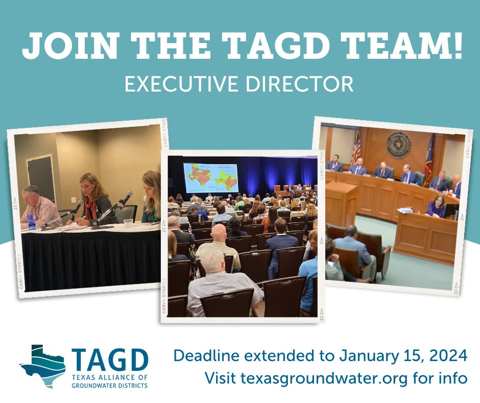 Deadline extended - TAGD is seeking the organization's next Executive Director! Applications are now being accepted through January 15. Learn more here: texasgroundwater.org/resources/jobs… #txwater #waterjobs #groundwater