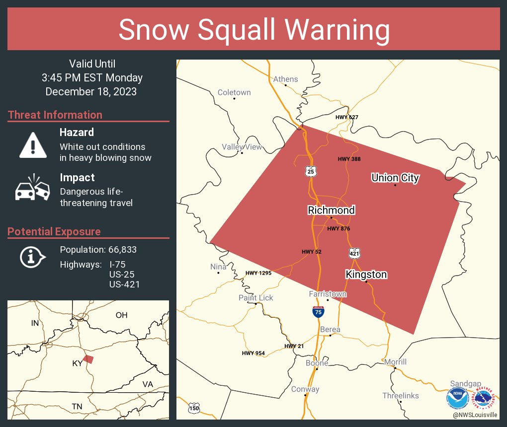 A snow squall warning is in effect until 3:45 PM EST for I-75, US-25 near Berea, KY and I-75, US-25, US-421 near Richmond, KY.