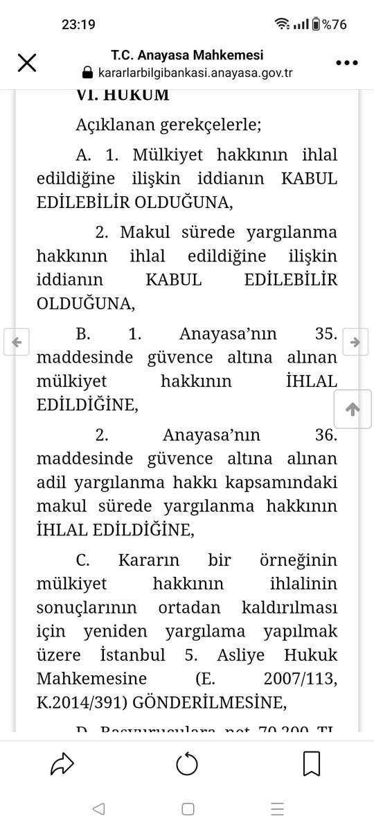 AYM;TÜİK verilerine göre 100 TL'lik bir malvarlığının başvurucular tarafından başlatılan yargısal sürecin sona erdiği  25/10/2018 tarihinde 1.183.487,93 TL'ye ulaştığı gözetildiğinde 413,51 TL'lik alacağın sadece yasal faiz ilave edilerek ödenmesi mülkiyet hakkının ihlalidir.
