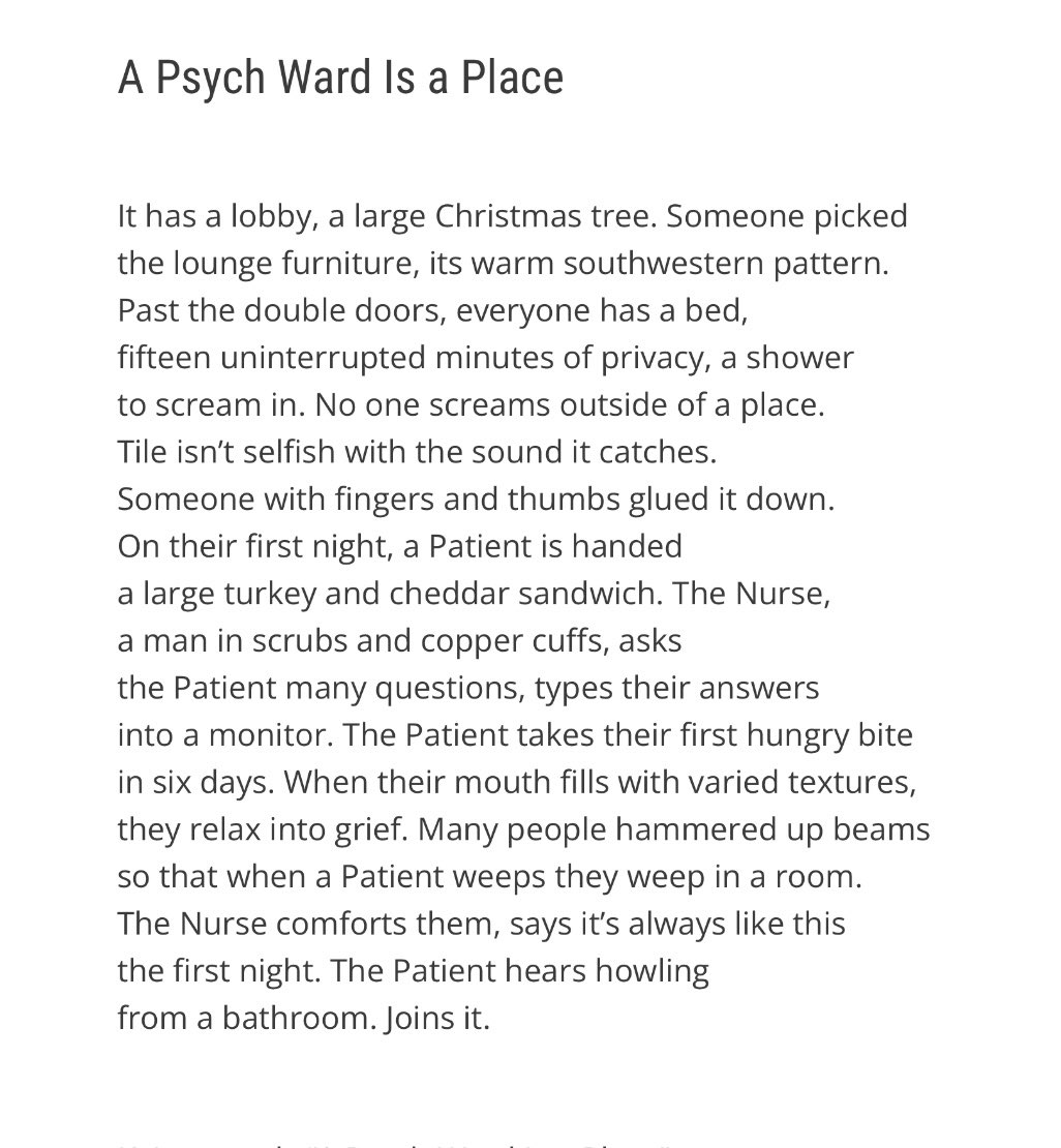 Two years ago this month I checked out of a psych ward. I wish I’d told more people. Months later, while hearing of my embarrassment, beloved <a href="/processdaily/">makshya worldwide</a> said, “A psych ward is a place, K.” That idea was so expansive that it created this meditation in <a href="/CortlandReview/">The Cortland Review</a>