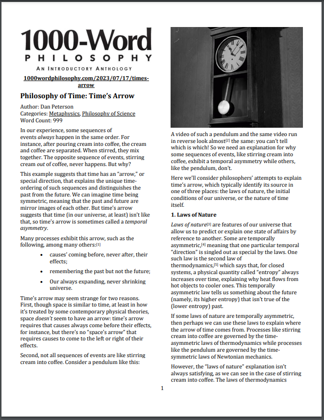 1000wordphil's tweet image. &quot;Philosophy of Time: Time’s Arrow&quot; by Dan Peterson

#time #philosophyoftime #whatistime #metaphysics #philosophy #temporal 

1000wordphilosophy.com/2023/07/17/tim…