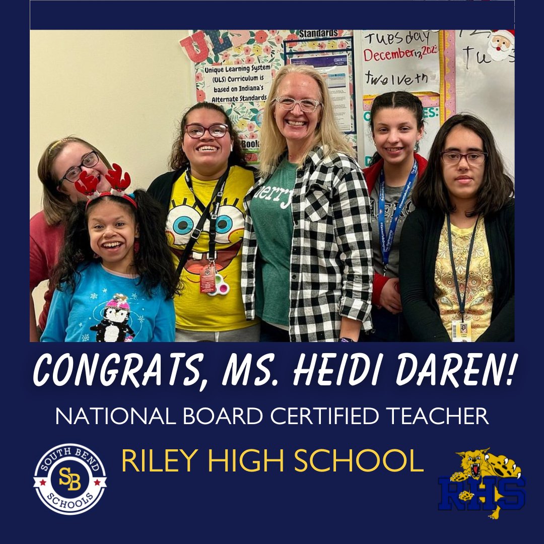 Congrats to Riley High School teacher, Ms. Heidi Daren, for becoming a National Board Certified Teacher! Less than 250 teachers in the state have achieved this honor. 🎓👏 We're incredibly proud of you, Ms. Daren! #TeamSouthBend