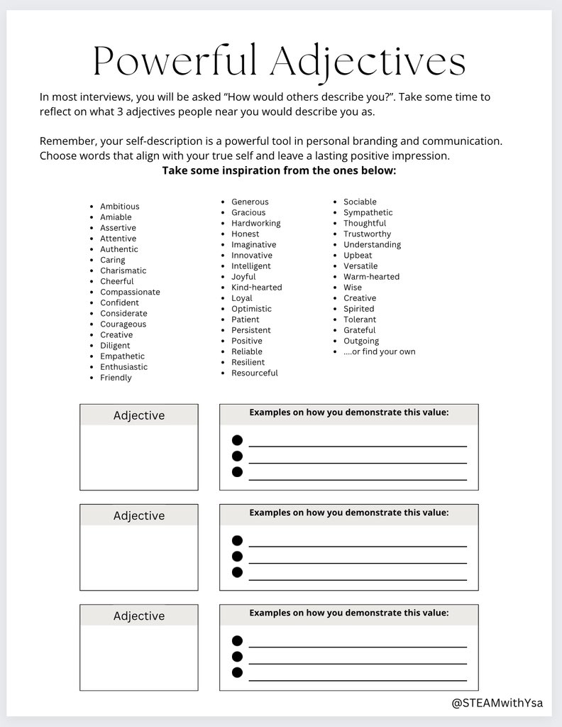 STEAMwithYsa's tweet image. How would others describe you? ๐ค
My mission is to make #interview prep fun for young minds. Recently, my @NAEducation students were asked to select powerful adjectives to describe themselves and provide examples!
Check out my worksheet below โฌ๏ธ