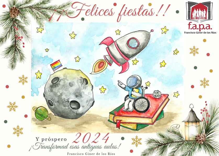 Desde la FAPA Francisco Giner de los Ríos os deseamos...
Felices Fiestas y Próspero 2024‼️
💚☃️💚

¡Transformad esas antiguas aulas!
Francisco Giner de los Ríos.

Dibujo:
María M. M.
IES SIGLO XXI, Leganés.
<a href="/IESSIGLO21/">IESSIGLOXXI</a> 
#FelicesFiestas
#Madrid
