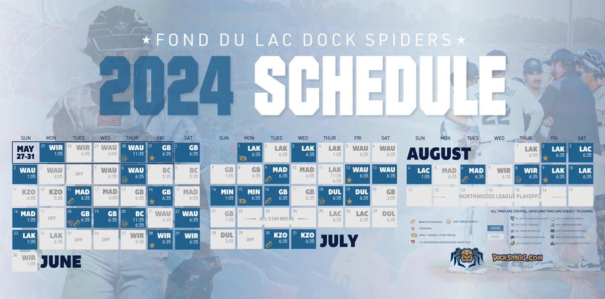 The 2024 Dock Spiders schedule is here! | LINK: bit.ly/DS2024schedule #SpinTheWeb