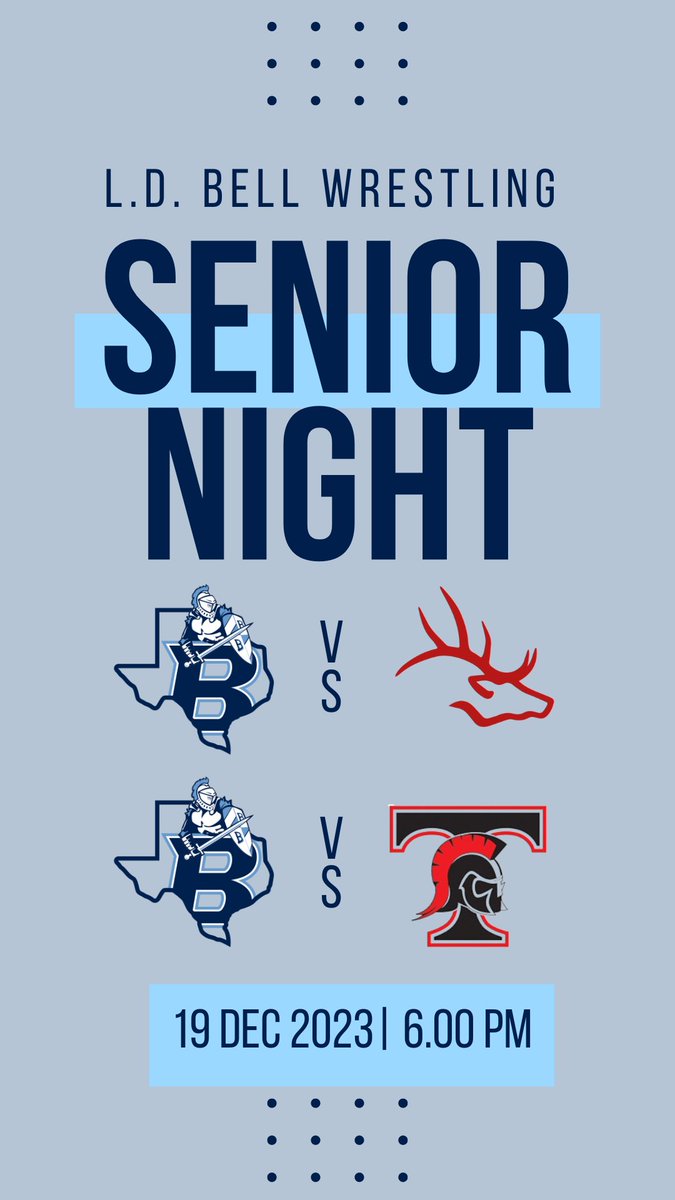 Come out and support the Bell Wrestling team as we take on Burleson and Trinity tomorrow night for Senior Night. #WearBlue #WintheDay <a href="/RandyBelcherBHS/">Randy D Belcher</a> @MLawtonBellHS <a href="/WeatherspoonBHS/">Stephon Weatherspoon</a> <a href="/_JadeWiseman/">Jade Wiseman</a> <a href="/JulieWatsonBHS/">Julie Watson</a> <a href="/LDBellAthletics/">LDBellAthletics</a> <a href="/hebisd/">HEB ISD</a>