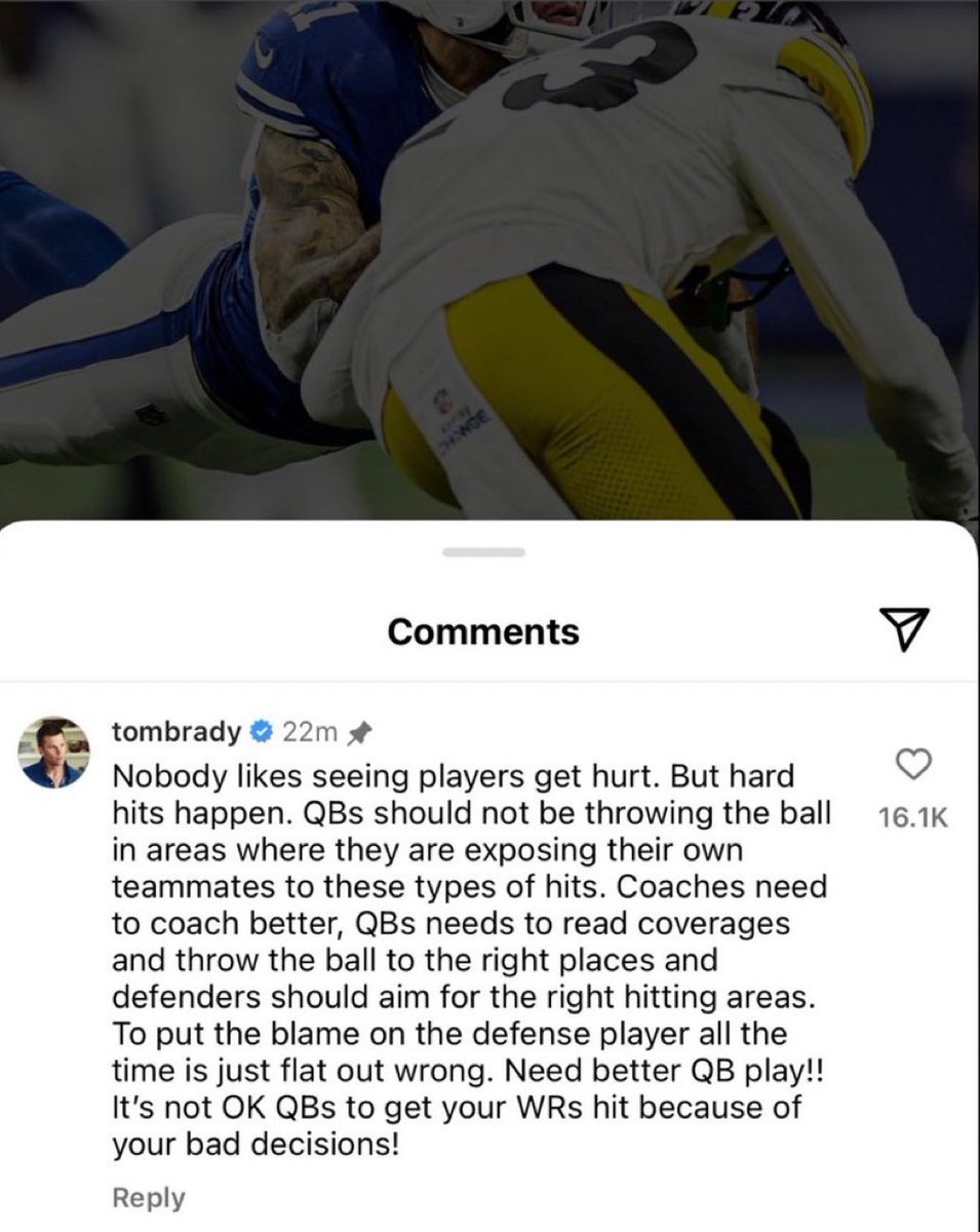 𝗧𝗥𝗘𝗡𝗗𝗜𝗡𝗚: NFL legend Tom Brady takes issue with the league suspending #Steelers Safety Damontae Kazee for the season over the hit on #Colts WR Michael Pittman. It was clear that QB Gardner Minshew is to blame for putting Pittman in that position. twitter.com/NFL_DovKleiman…