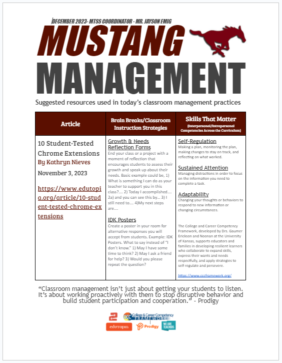 My December_23 edition of Mustang Management...."Classroom management isn't just about getting your students to listen. It's about working proactively with them to stop disruptive behavior and build student participation and cooperation." - Prodigy <a href="/LMS_Mustangs/">Lakewood Middle</a> <a href="/USD305/">SalinaPublicSchools</a>