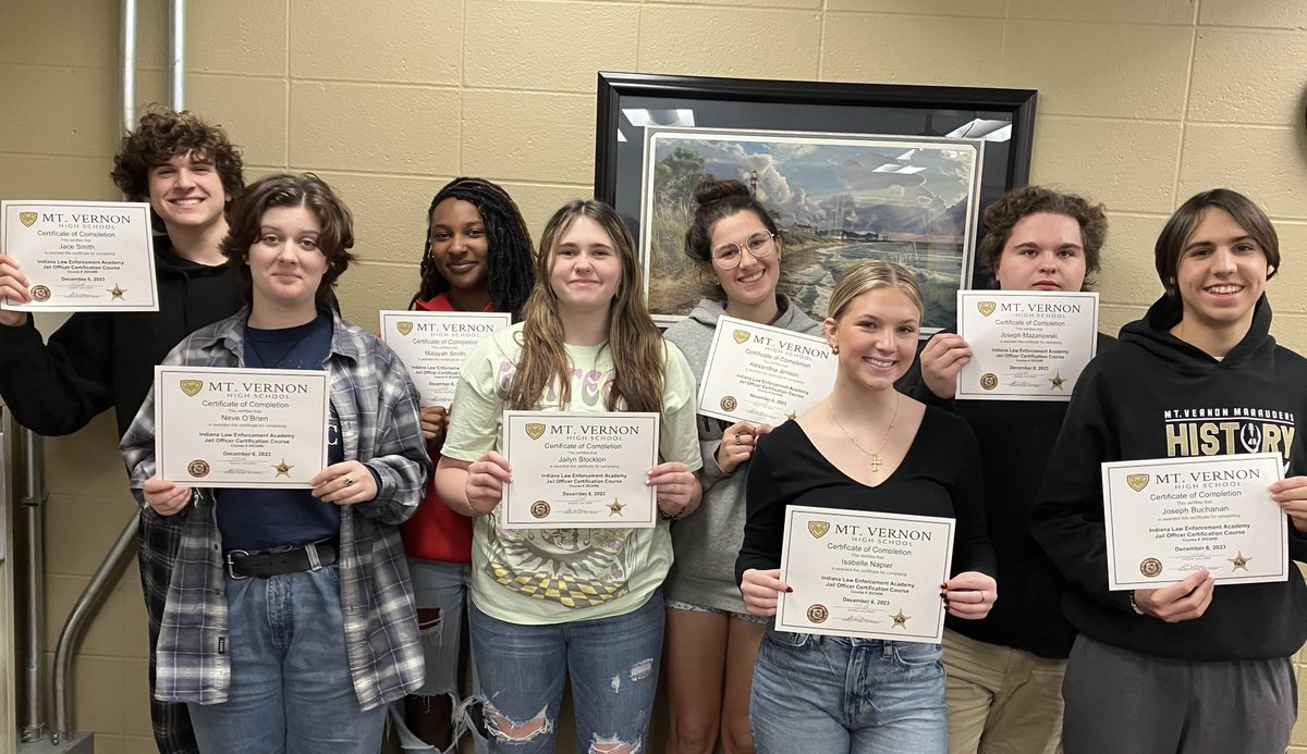 As part of <a href="/MtVernonHS/">Mt. Vernon HS</a>’s expanded vocational class offerings, our first-year MVHS criminal justice students recently became Indiana Law Enforcement Academy (ILEA) State Certified Jail Officers after completing a rigorous 40-hour Jail Officer certification course. Way to Go!#WeRMV