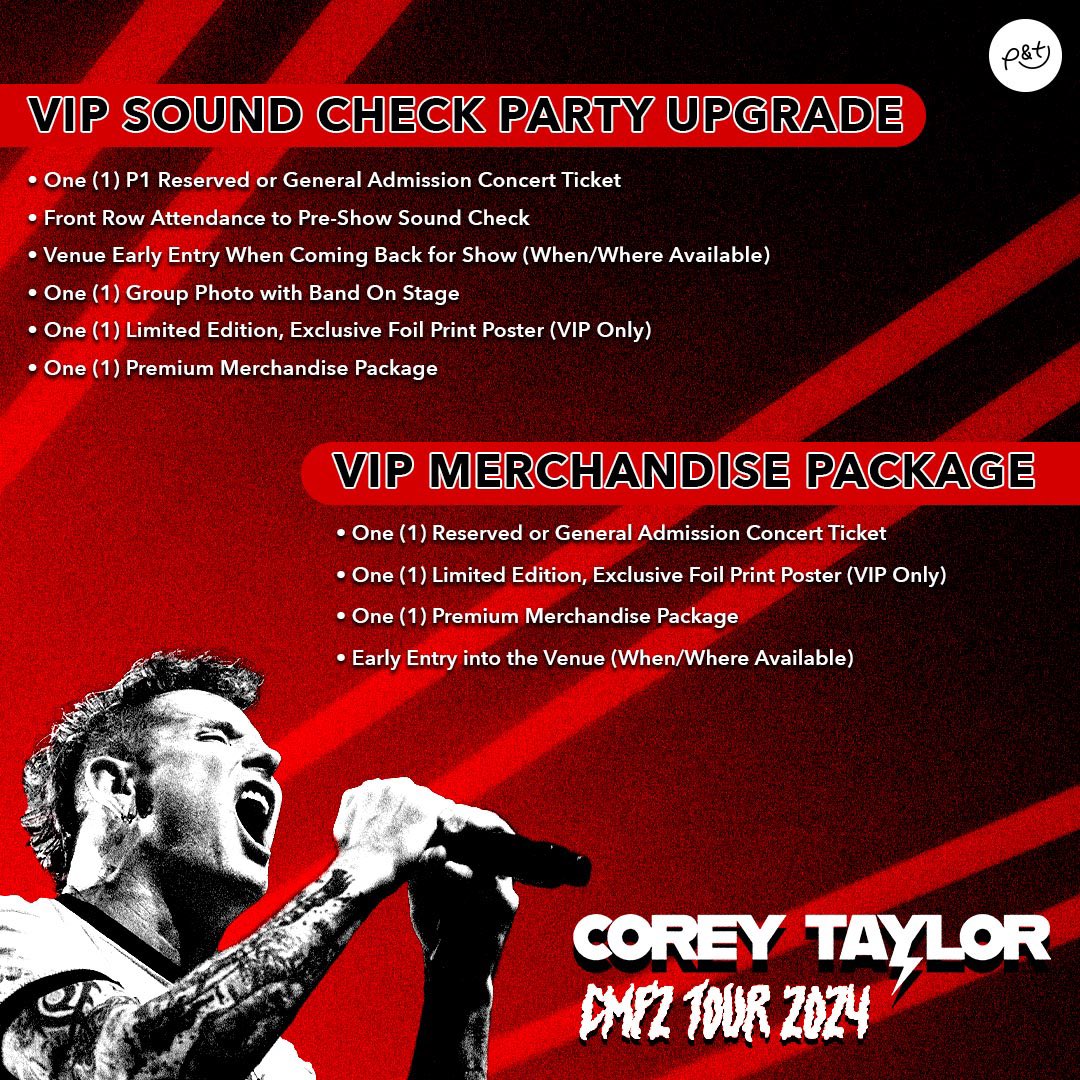 Hey everybody, VIP packages for the February shows include access to our pre-show sound check, group photo with me and the guys, special merch, early entry and more. Grab yours now at coreytaylor.com/tour