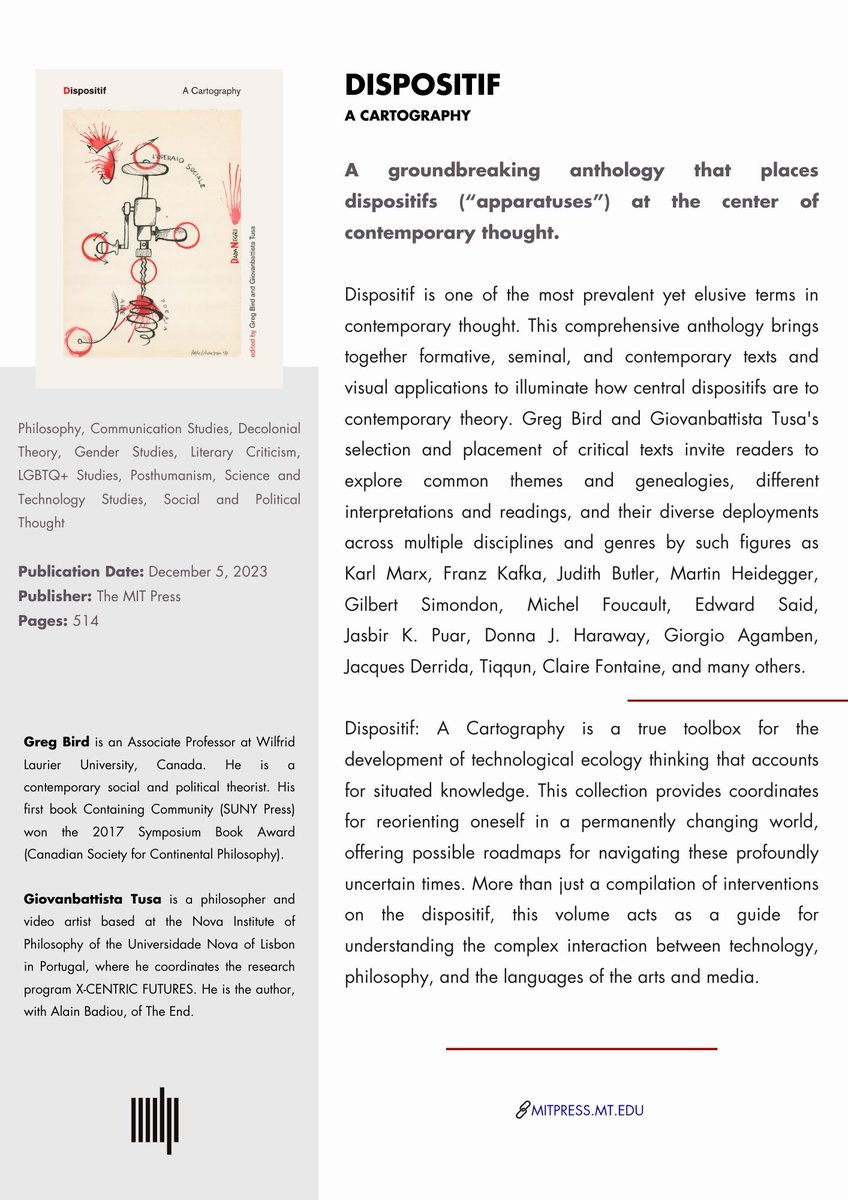 Congratulations to Dr. Greg Bird on the release of his anthology! @GregUccello @GiovanniTusa @mitpress A ground-breaking anthology that places dispositifs (“apparatuses”) at the center of contemporary thought. mitpressbookstore.mit.edu/book/978026254…