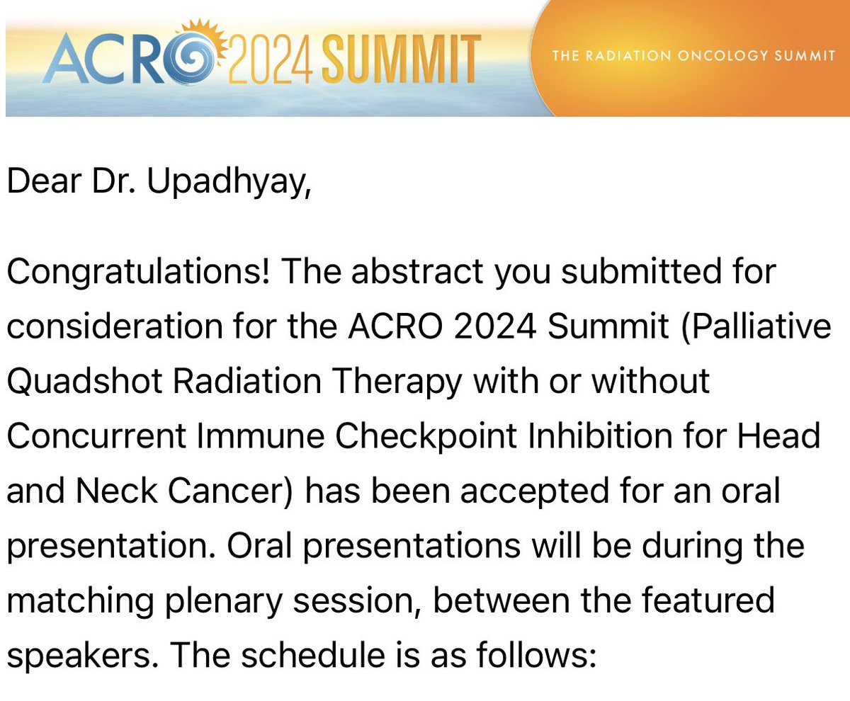 One step closer to a plenary talk. One more reason to attend @ACRORadOnc 2024 meeting! Thanks to the organisers, @ACROresident and a big thanks to my mentors for this one!! @EmileGogineni @DukagjinBlakaj @OhioStateRadOnc