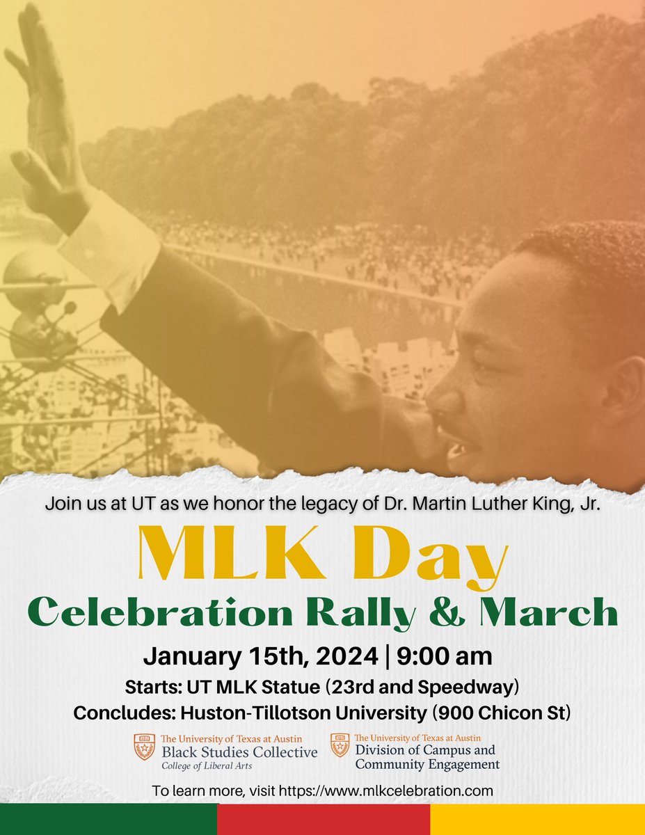 UT DCCE (@ut_dcce) on Twitter photo Mark your calendars for the opening kickoff of the #MLKDay Celebration Rally & March at UT Austin as we honorthe legacy of Dr. Martin Luther King, Jr. on Monday, Jan. 15, 9 a.m. at the MLK Statue on the East Mall (23rd and Speedway). <a href="/HustonTillotson/">Huston-Tillotson</a> Mark your calendars for the opening kickoff of the #MLKDay Celebration Rally & March at UT Austin as we honorthe legacy of Dr. Martin Luther King, Jr. on Monday, Jan. 15, 9 a.m. at the MLK Statue on the East Mall (23rd and Speedway). <a href="/HustonTillotson/">Huston-Tillotson</a>