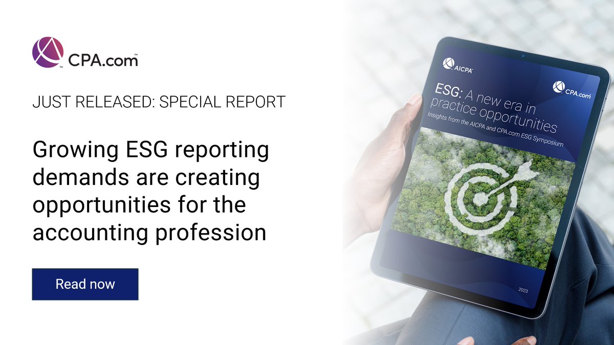 Increasing stakeholder pressure and regulations are making environmental, social and governance (ESG) reporting a top priority. Explore this new report from the <a href="/AICPA/">American Institute of CPAs</a> and <a href="/CPAcom/">CPA.com</a> ESG Symposium for key takeaways. 
🔗cpa.com/ESGreport?utm_…