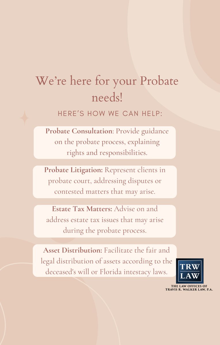 TRWLAW1's tweet image. Navigating probate in Florida? We&apos;re here to guide you through the process with expertise and compassion. From filing and administration to resolving disputes, our team ensures a smooth probate journey. Your peace of mind is our priority. ⚖️💙 #ProbateAssistance #trwlaw