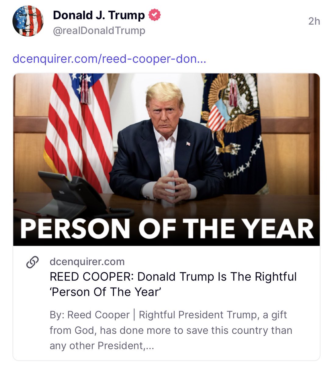 Thank you, BEST PRESIDENT TRUMP, for sharing my latest article! President Trump is the RIGHTFUL 'Person of the Year' due to his takedown of child & human trafficking. God bless this gift from heaven.