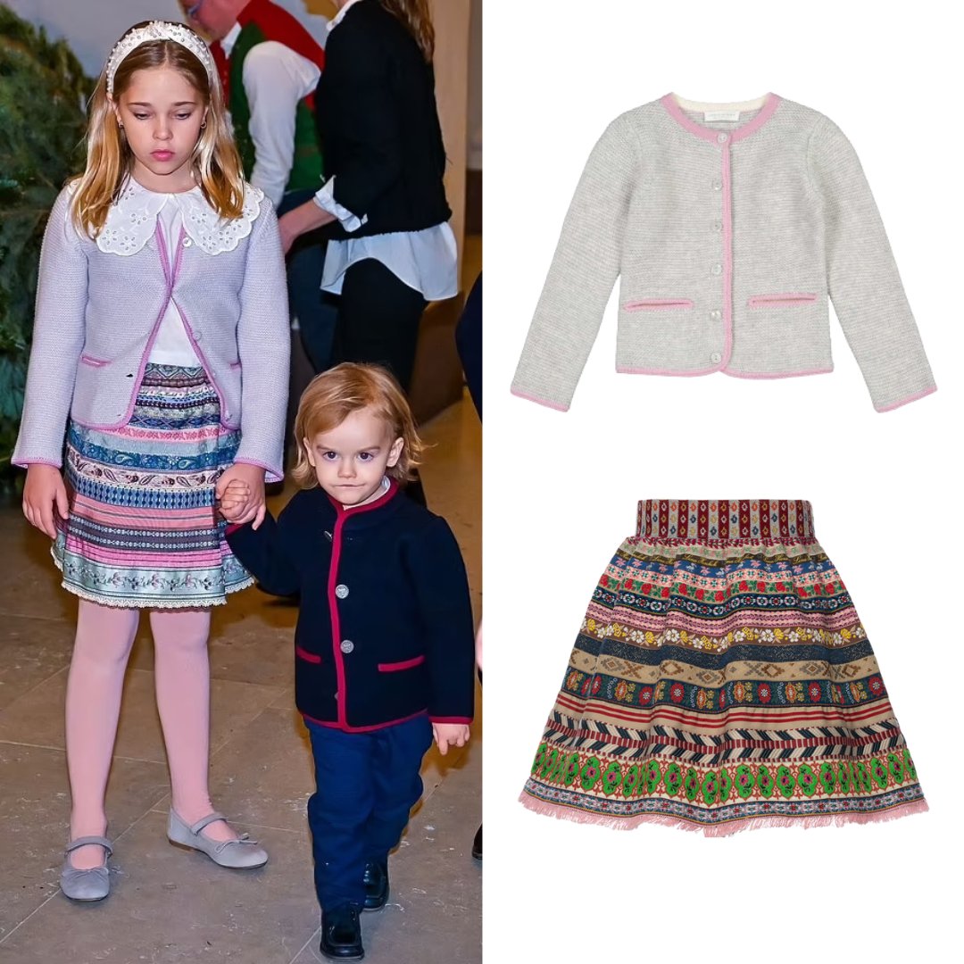 👑 18.12.2023 ~ Annual receiving of Christmas trees @kungahuset in Stockholm Princess Leonore of Sweden and Princess Adrienne wore: @lodenfrey traditional jacket in grey/rose @lenahoschek mini ribbon skirt in 'Baklava'