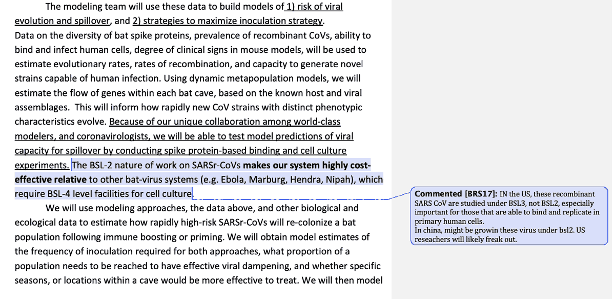 @USRightToKnow Ralph Baric noted that an earlier version of Defuse proposed handling novel live SARS-like viruses at low biosafety and wrote: 'In the US, these recombinant SARS-CoV are studied under BSL3... In china, might be growin these virus under bsl2. US reseachers will likely freak out'