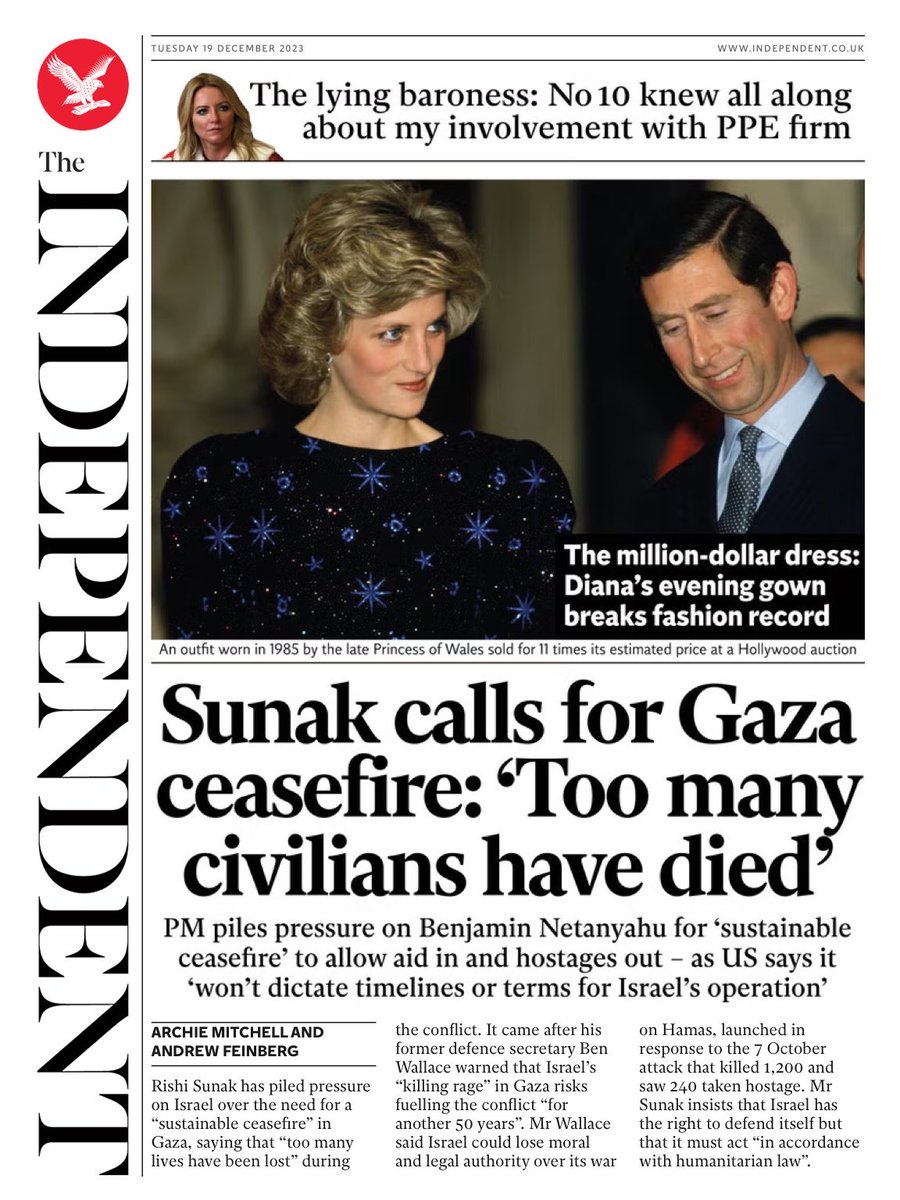 INDEPENDENT: Sunak calls for Gaza ceasefire #TomorrowsPapersToday