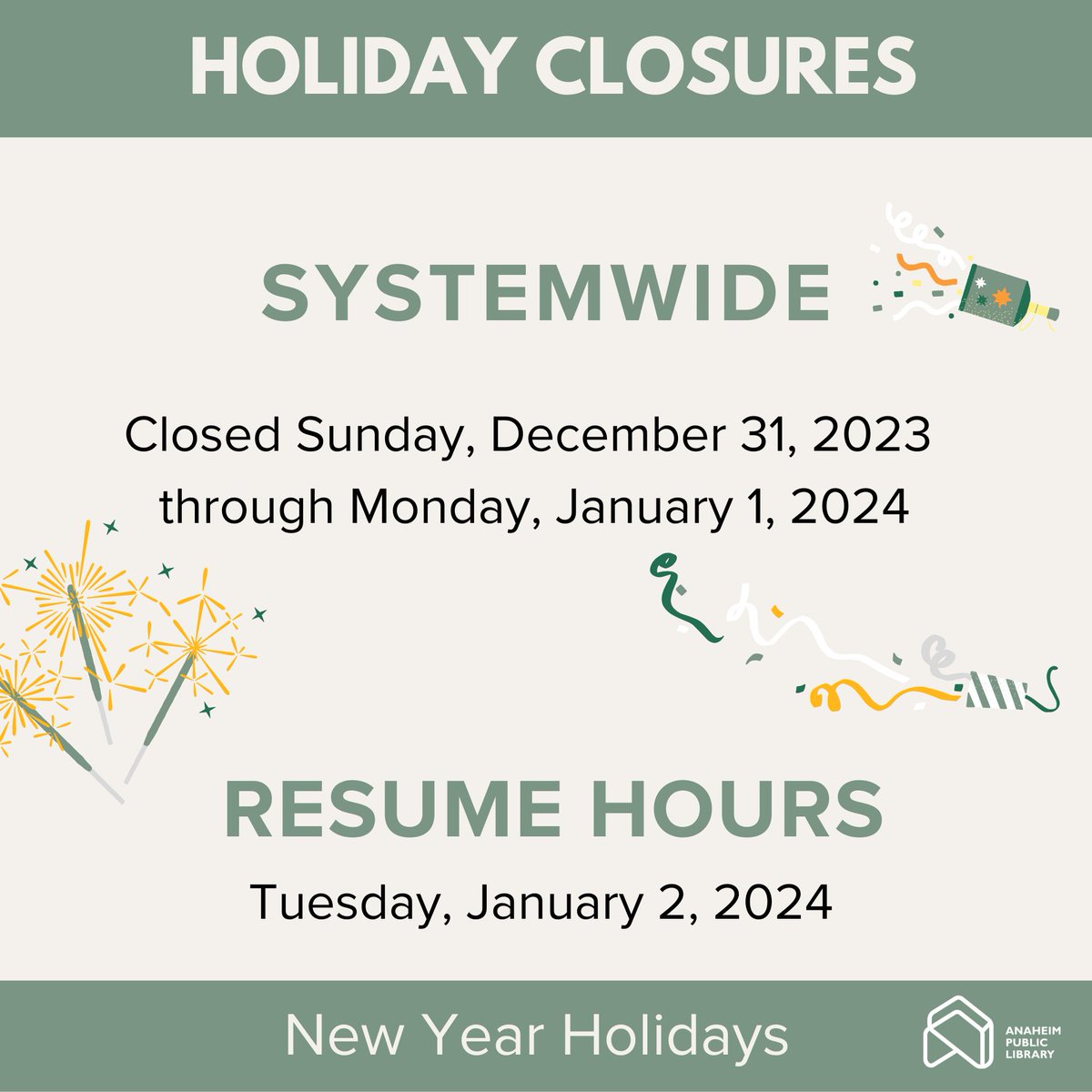 Anaheim Public Library (@anaheim_library) on Twitter photo Make sure you stock up on your anticipated reads before our holiday closures! πβ¨π Make sure you stock up on your anticipated reads before our holiday closures! πβ¨π