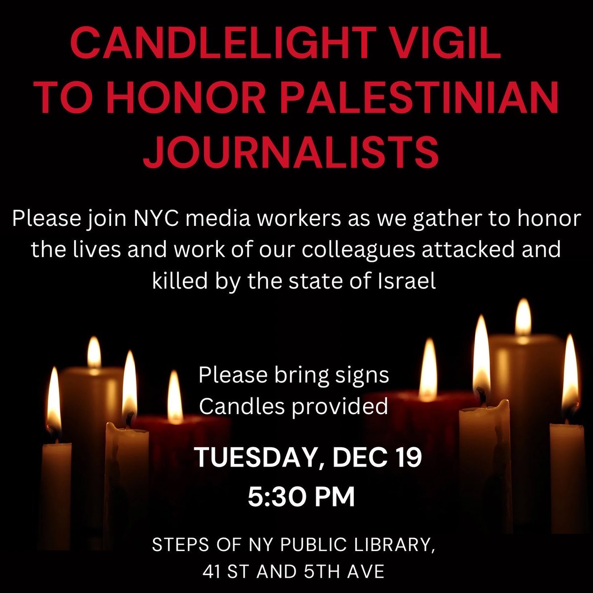 According to @pressfreedom, the Gaza war is the deadliest for media workers ever recorded, with 57 Palestinian, 4 Israeli, & 3 Lebanese journalists killed. We're joining members from the NewsGuild & others in honoring our colleagues this Tues. Bringing signs & flowers encouraged.