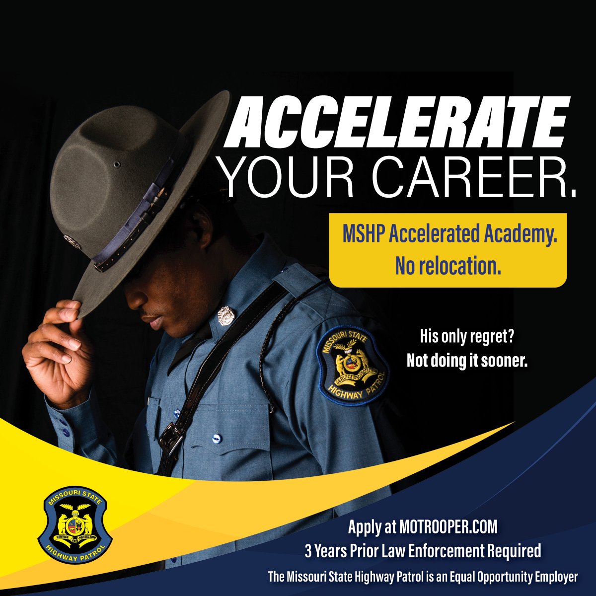 Currently a LEO with 3 or more years of service? Do you want to serve YOUR community as a State Trooper? Accelerate your career in the 121st Academy! Apply at MOTrooper.com or contact a recruiter at 800-796-7000. Academy training begins in July 2024. NO RELOCATION!