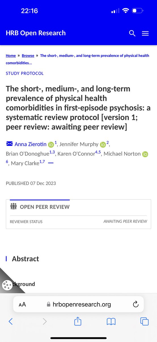 Great to see our protocol published with @HRBOpenRes So lucky to be part of the @psistar_study #ppi team. Particularly project 4 examining #physical #health comorbidities in #psychosis with Anna Zierotin, @KarOConnor @BNODonoghue and Mary Clarke hrbopenresearch.org/articles/6-75