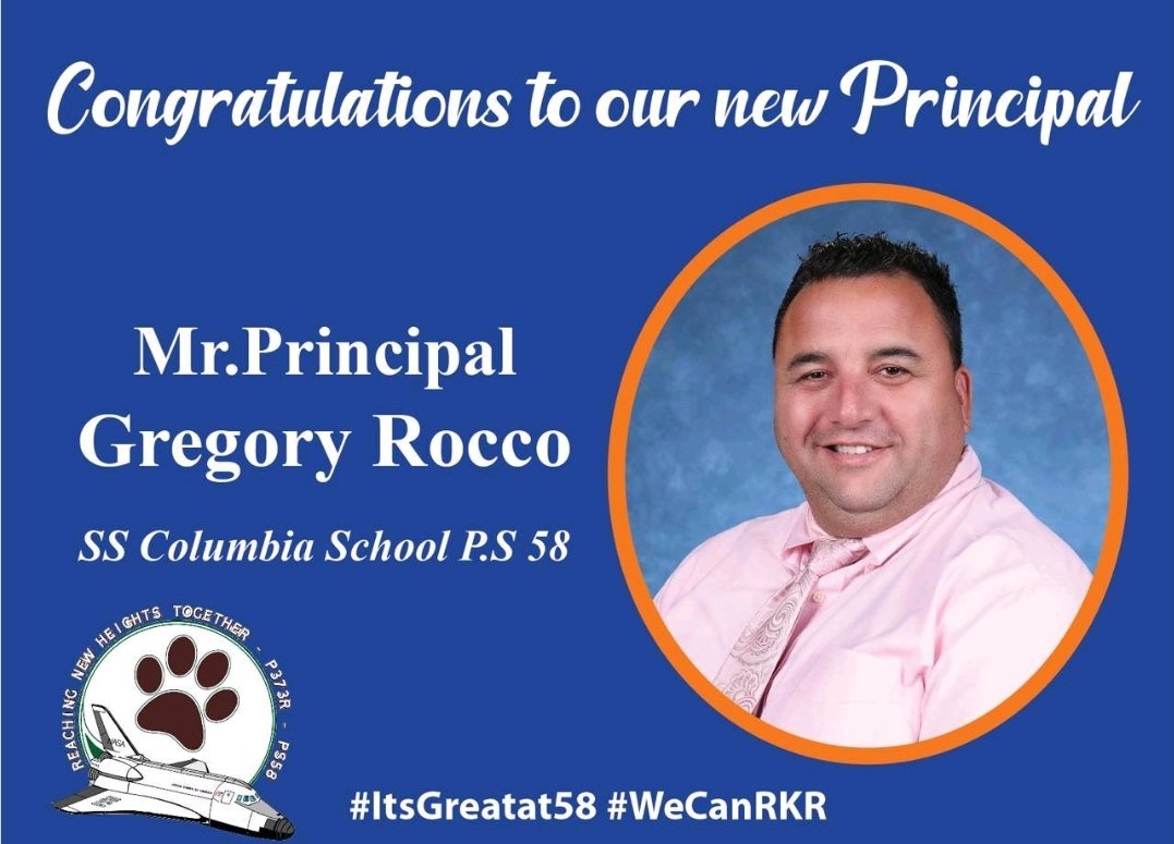 Congrats to @GregoryRocco58, Principal of the @PS58RSSColumbia. Join me in congratulating him. It's official! #ItsGreatat58 #ReachfortheStars #nomoreIAforhim @DrMarionWilson @D31DSPalton @CSD31SI @CChavezD31 @christineloug14 @CSD31SI