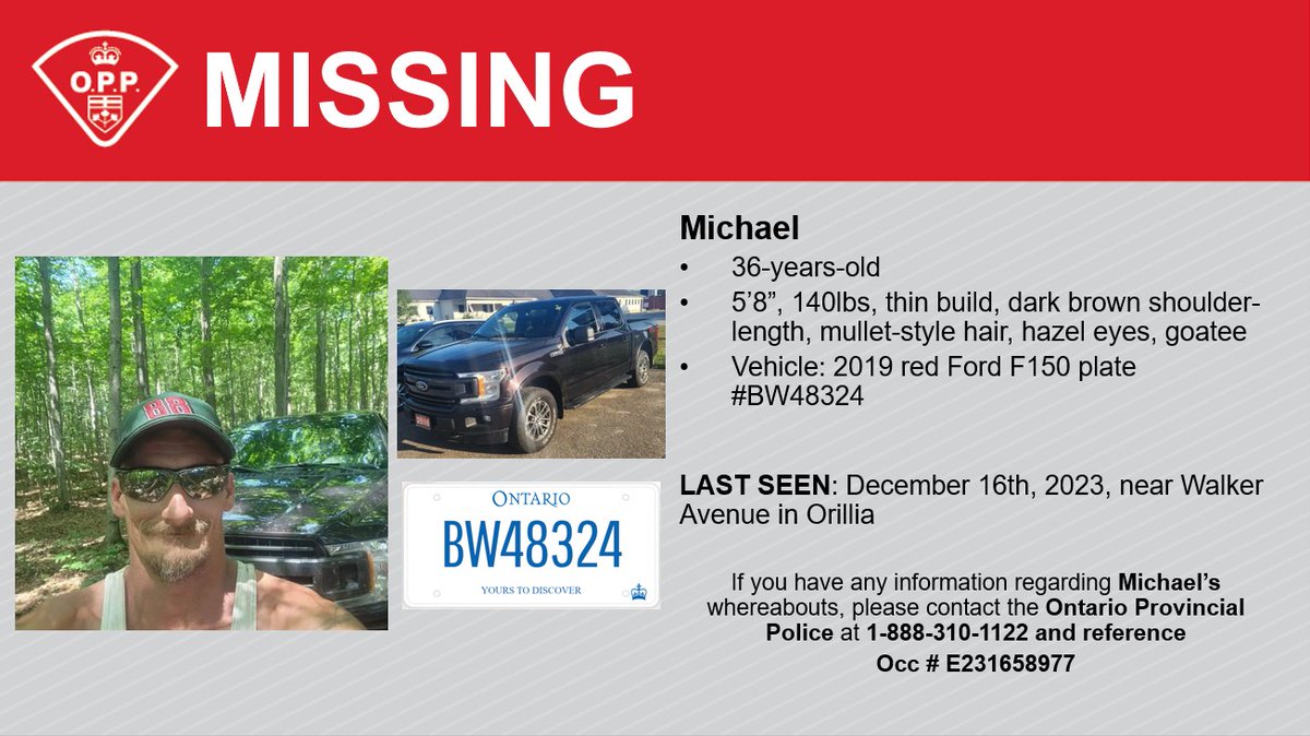MISSING: #HvilOPP is seeking assistance in locating 36 y/o Michael last seen on December 16, 2023, in the #Orillia area. If you have any information, please contact the #OPP 1-888-310-1122 quoting occ #E231658977. Thank you ^lh