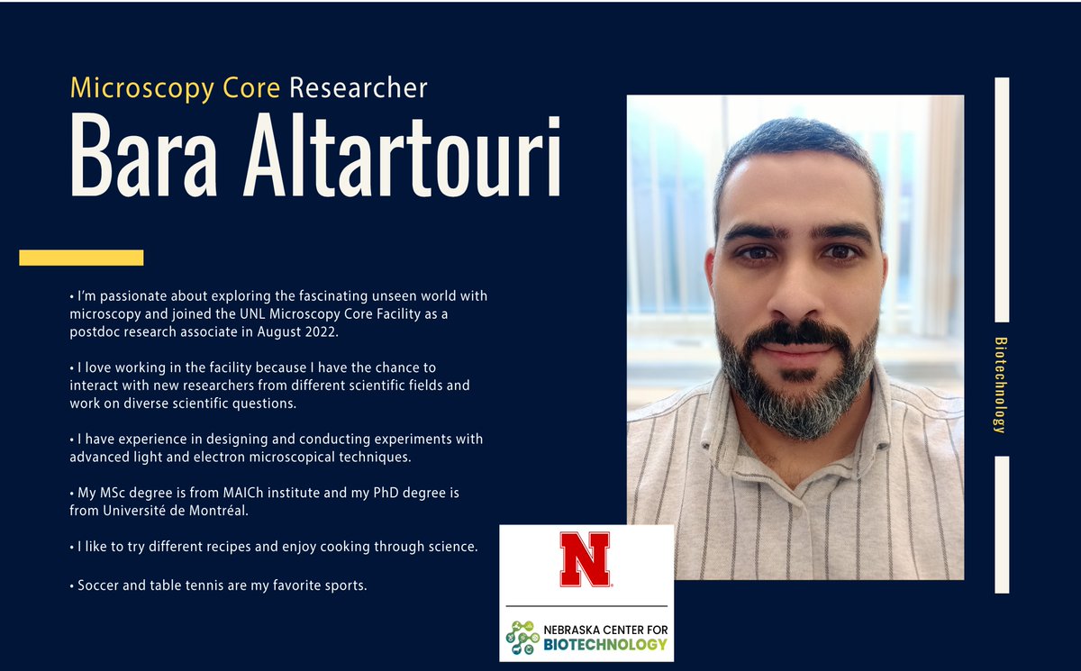 UNL Biotech Center (@biotechunl) on Twitter photo #BiotechMonday
Meet <a href="/AltartouriB/">Altartouri | براء</a> (Bara); Research Associate in the Microscopy Core!
Visit the website >>biotech.unl.edu/microscopy #BiotechMonday
Meet <a href="/AltartouriB/">Altartouri | براء</a> (Bara); Research Associate in the Microscopy Core!
Visit the website >>biotech.unl.edu/microscopy