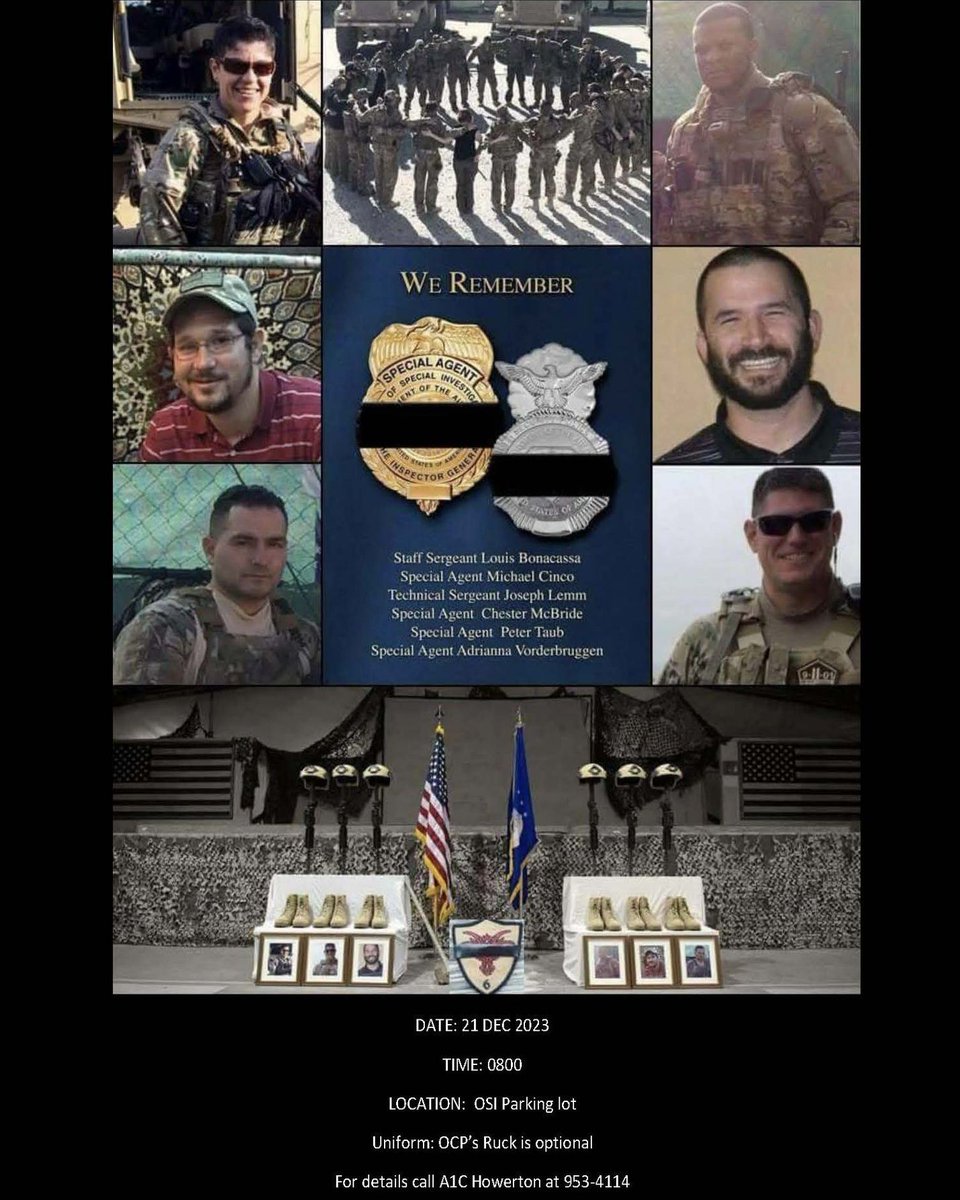 Air Force Office of Special Investigations Detachment 405 and the 42nd Security Forces Squadron invite you to participate in the Hustler 6 Memorial Ruck March on Dec. 21 at 0800 in the OSI parking lot.

POC  A1C Howerton at 953-4114 or email: michael.howerton.2@us.af.mil