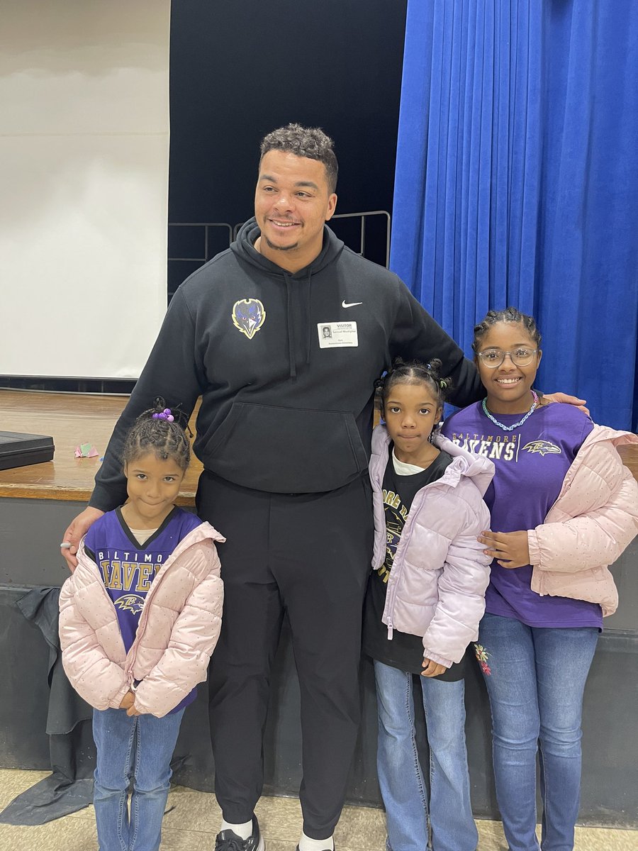 Today was a special one @ReisterstownES—we welcomed @Ravens Sam Mustipher home! Our RES alum spoke to students about using their “big voice” at our CD assembly. Highlights: watching Sam reminisce with staff and sign autographs. So much joy!#GoRavens @stevens_kaia @S_Mustipher 🤩