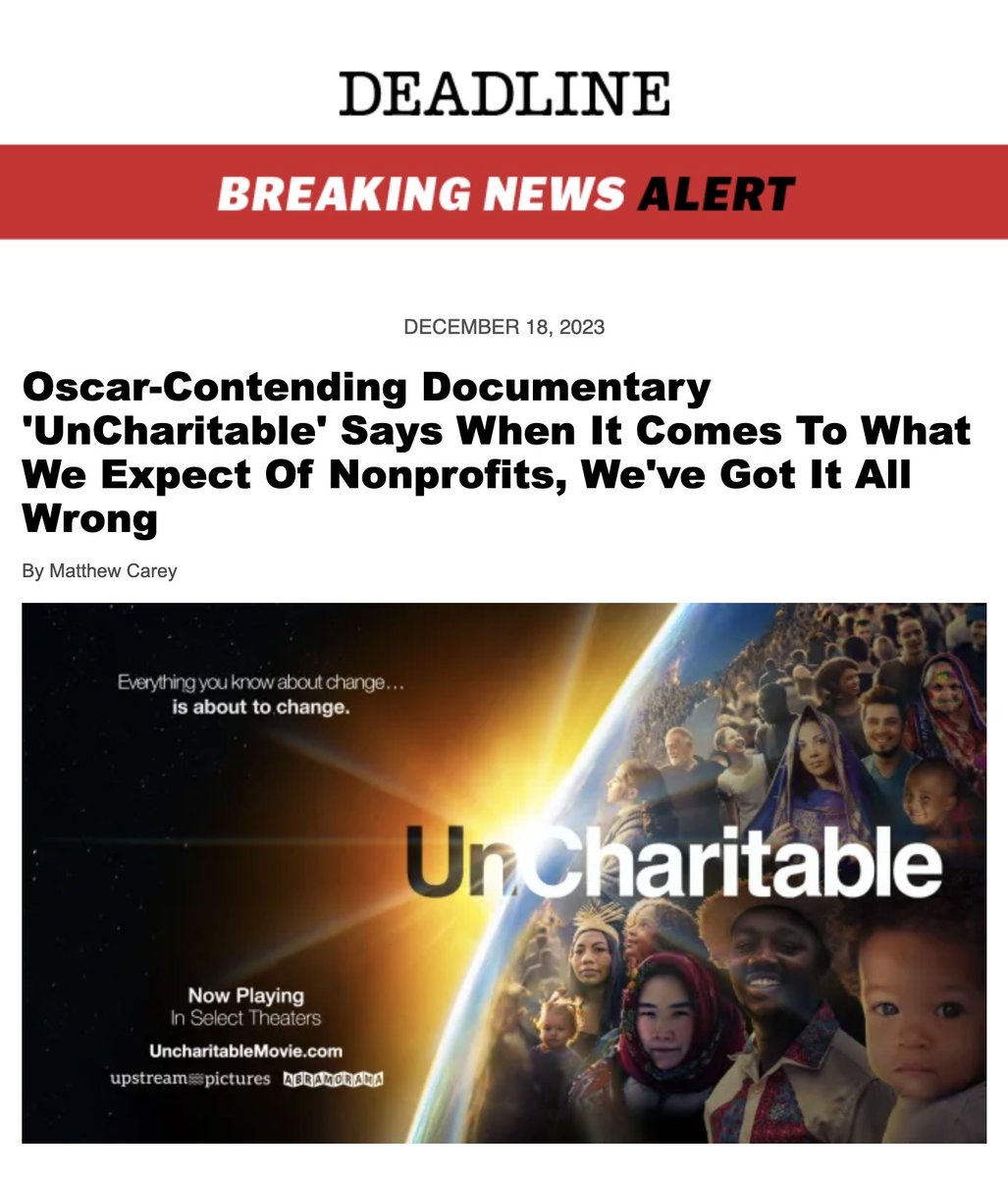 A @deadline exclusive! Matthew Carey covers 'Uncharitable' and how the film reframes how we should think about nonprofits... Read the full article now! deadline.com/2023/12/unchar… #uncharitablemovie #dogoodpoints #documentary#nonprofit #december #philanthropy #oscars