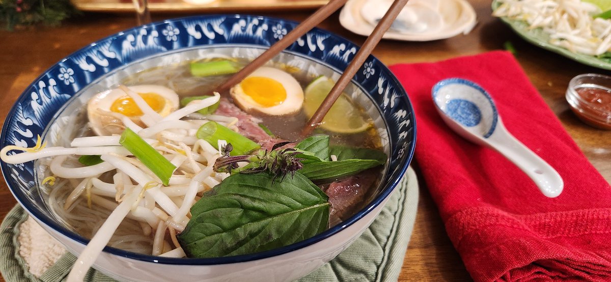 SeasLife60's tweet photo. Tender beef Pho, jammy soy eggs, and toppings #twittersupperclub #homemade #phokinggood https://t.co/3yj31cUh4V