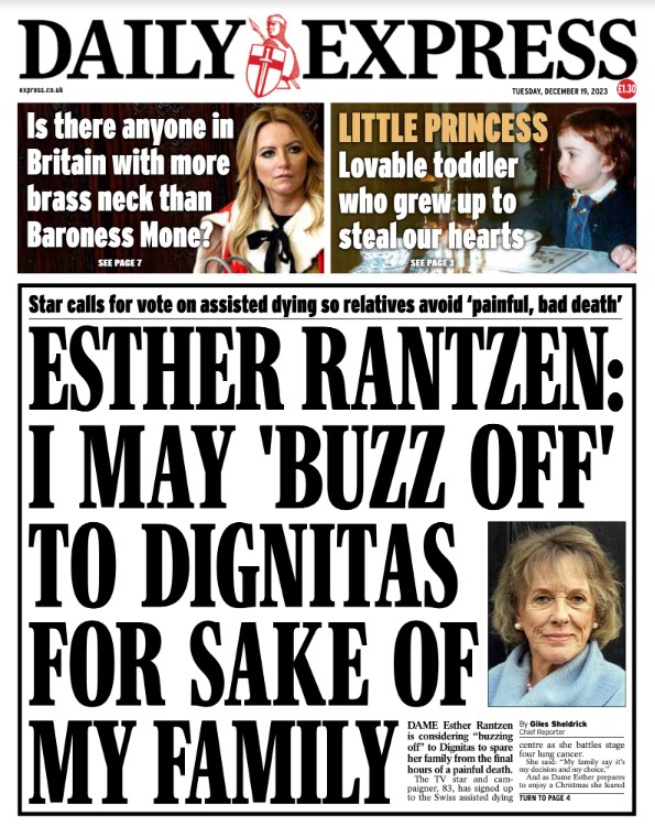 Tuesday's front page: Esther Rantzen - I may 'buzz off' to Dignitas for sake of my family
