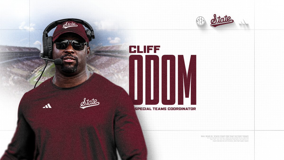 Mississippi State Football (@hailstatefb) on Twitter photo Welcome to the Family, <a href="/CoachCliffOdom/">Cliff Odom</a>!
Coach Odom joins <a href="/Coach_Leb/">Jeff Lebby</a>'s staff as Special Teams Coordinator.
📰 »hailst.at/Odom
#HailState🐶 Welcome to the Family, <a href="/CoachCliffOdom/">Cliff Odom</a>!
Coach Odom joins <a href="/Coach_Leb/">Jeff Lebby</a>'s staff as Special Teams Coordinator.
📰 »hailst.at/Odom
#HailState🐶