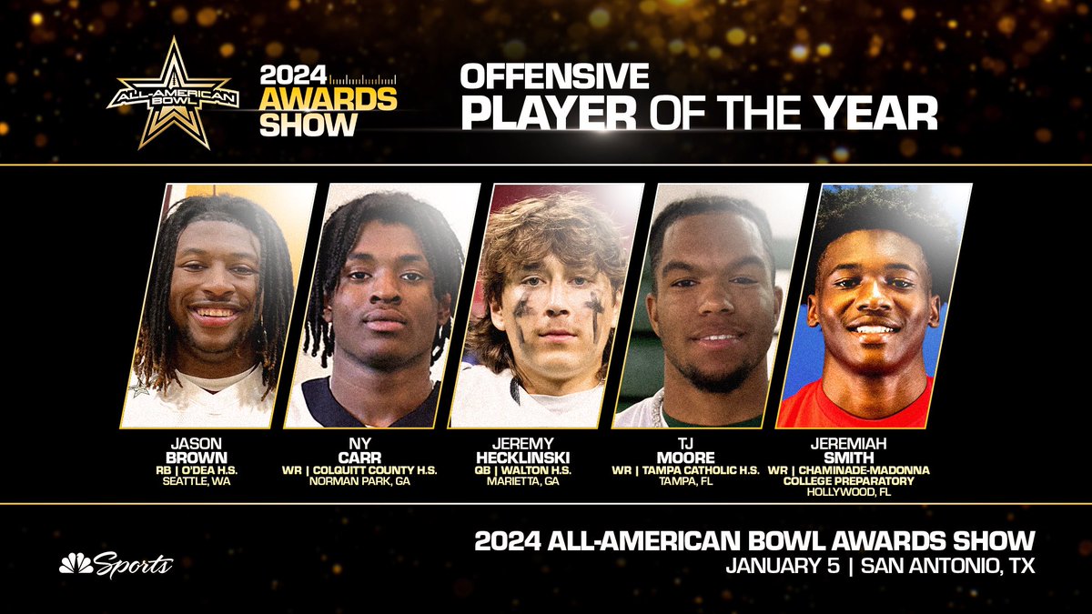 2024 All-American Bowl Offensive Player of the Year Finalists 🏆 ➖ @Jasonbrown2024 (WA) ➖ @NyCarr1 (GA) ➖ @JHecklinski (GA) ➖ @tjmoore305 (FL) ➖ @Jermiah_Smith1 (FL) #AABCO2ON4TION 👑🌹🏈 #AllAmericanBowl 🇺🇸
