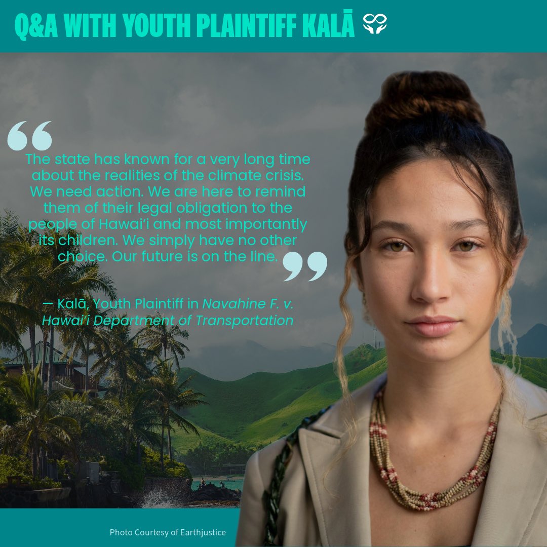 youthvgov's tweet photo. Kalā and her fellow youth plaintiffs in our climate lawsuit Navahine F. v. HDOT are headed to trial starting June 24, 2024. Help us #PowerForwardTogether in 2024 by making a donation today. Thank you – together we will win! 💚 https://t.co/qVchOegi1s #YouthvGov https://t.co/SCK7WHbY7A