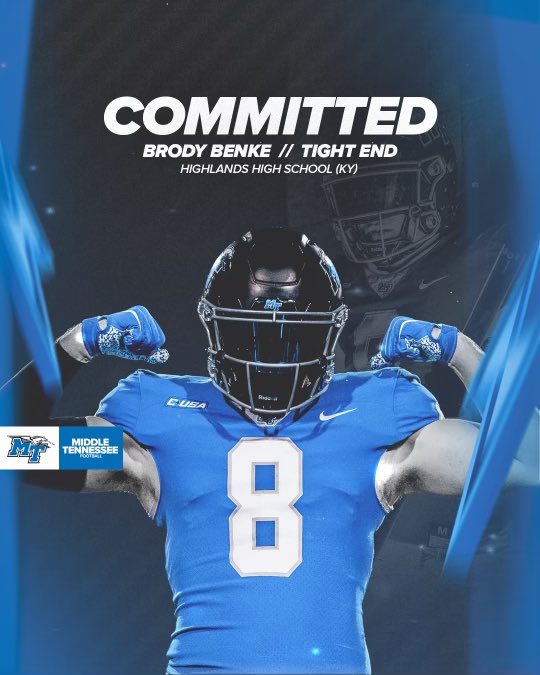 Brody Benke (@benkebrody) on Twitter photo I found my Home. I am 100% Committed to <a href="/MT_FB/">Middle Tennessee Football</a> . I will be signing my NLI Wednesday morning. Thanks <a href="/CoachDerekMason/">Derek Mason</a> for the opportunity. Can’t wait to get to work!! Let’s Ride!!
<a href="/CoachMikePolly/">Mike Polly</a> <a href="/coachdmstewart/">Mitch Stewart</a> @CoachMalloryMT <a href="/MTFB_Recruiting/">Middle Tennessee Football Recruiting</a> <a href="/HSphire/">Coach Hayden Sphire</a> <a href="/HighlandsFB/">Highlands Football</a> I found my Home. I am 100% Committed to <a href="/MT_FB/">Middle Tennessee Football</a> . I will be signing my NLI Wednesday morning. Thanks <a href="/CoachDerekMason/">Derek Mason</a> for the opportunity. Can’t wait to get to work!! Let’s Ride!!
<a href="/CoachMikePolly/">Mike Polly</a> <a href="/coachdmstewart/">Mitch Stewart</a> @CoachMalloryMT <a href="/MTFB_Recruiting/">Middle Tennessee Football Recruiting</a> <a href="/HSphire/">Coach Hayden Sphire</a> <a href="/HighlandsFB/">Highlands Football</a>