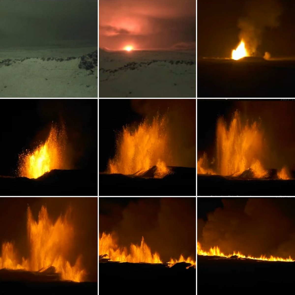 Snapshots over the first 50 minutes of the Iceland eruption from the public webcam. Link below: (NOTE: the camera view zooms out towards the end as the length of the fissure and number of vents grows ). youtube.com/live/804nPrAUA…