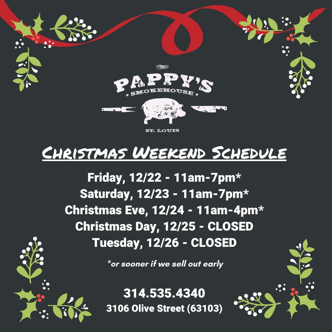 Can you believe it? Christmas is ONE WEEK from today! 🎄🎁🎅

Please note our Christmas weekend hours, and our crew looks forward to seeing you, your family, and friends this week! 🙌

#pappyssmokehouse #stlouis #stl #stleats #eatstl #eatlocal #stlfoodie #foodie #stlfoodscene