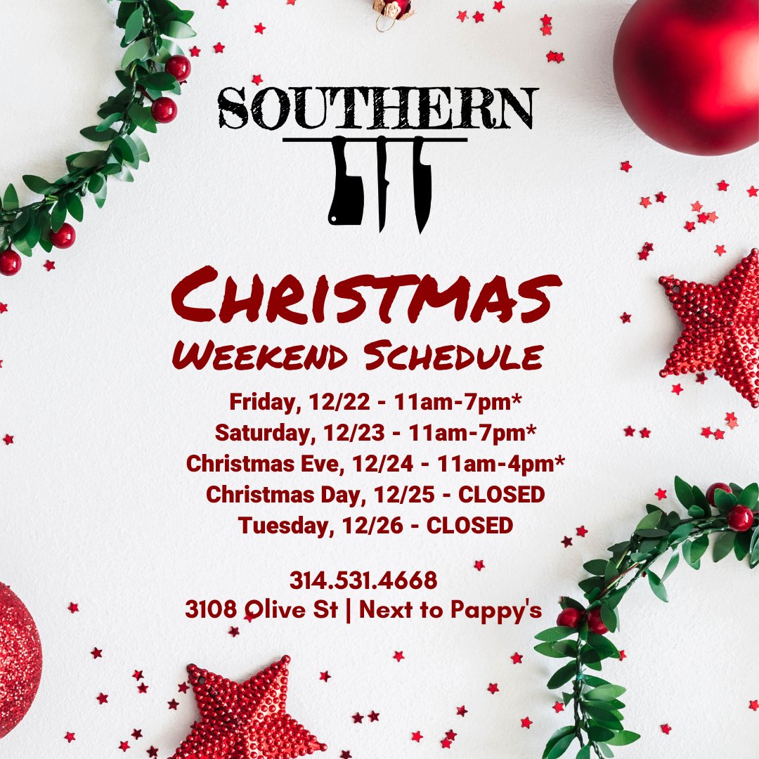 Christmas is ONE WEEK from today, and our crew looks forward to seeing you, your family, and friends this week! 🙌 Please note our Christmas weekend hours and we'll see y'all soon! 🎄🎁🎅 #stlsouthern #friedchicken #nashvillehotchicken #stleats #eatlocal #explorestlouis