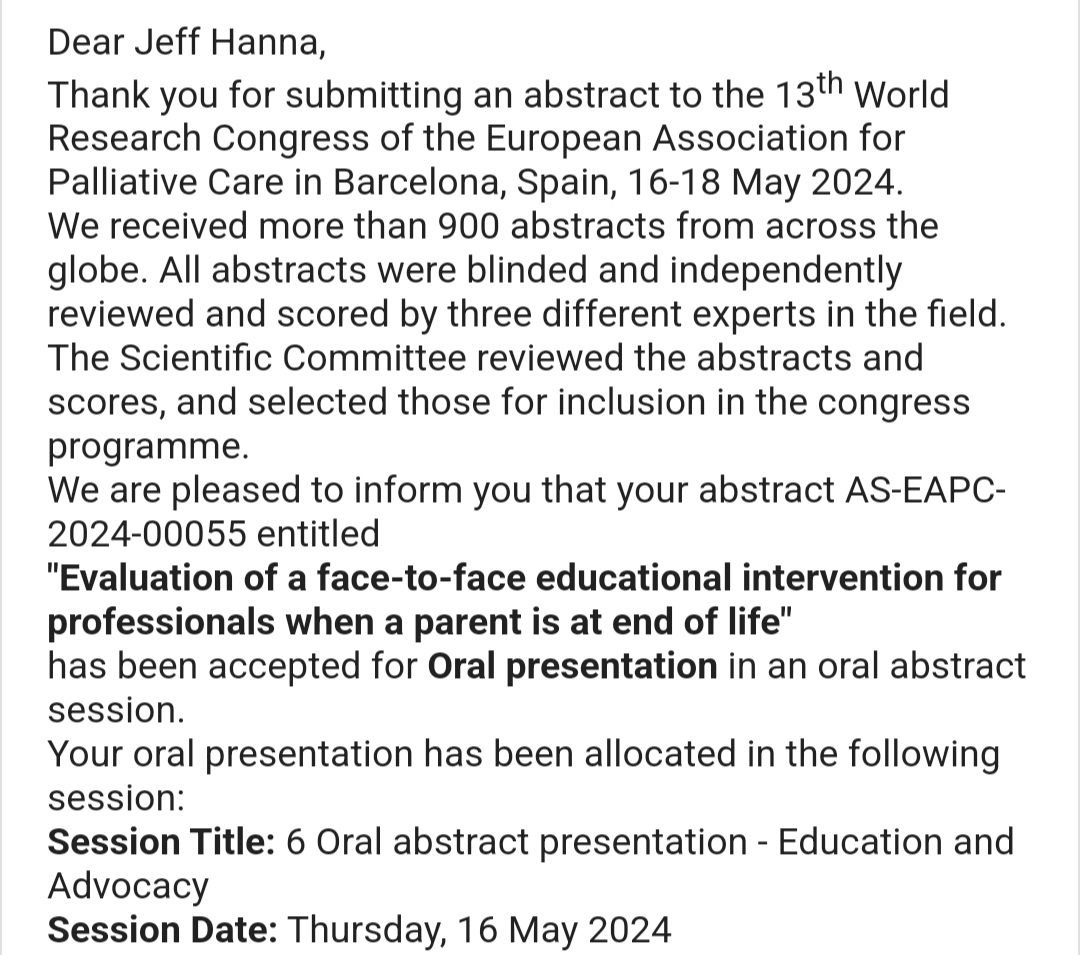 💫 So pleased to have an accepted abstract for oral presentation @EAPCvzw World Research Congress #EAPC2024 to share, learn and network 🗨

See you in Barcelona 🇪🇸