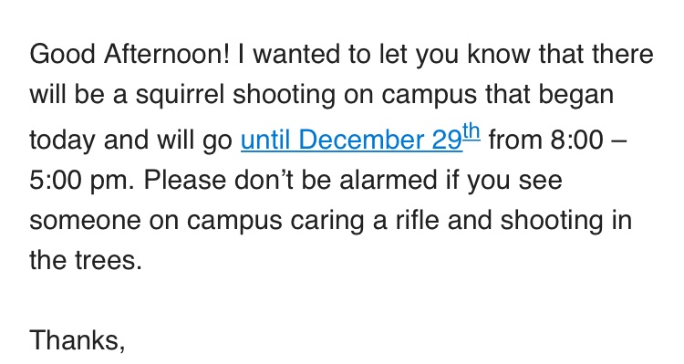 There’s Harvard and Yale and then there’s little campuses in the woods that have annual squirrel hunts