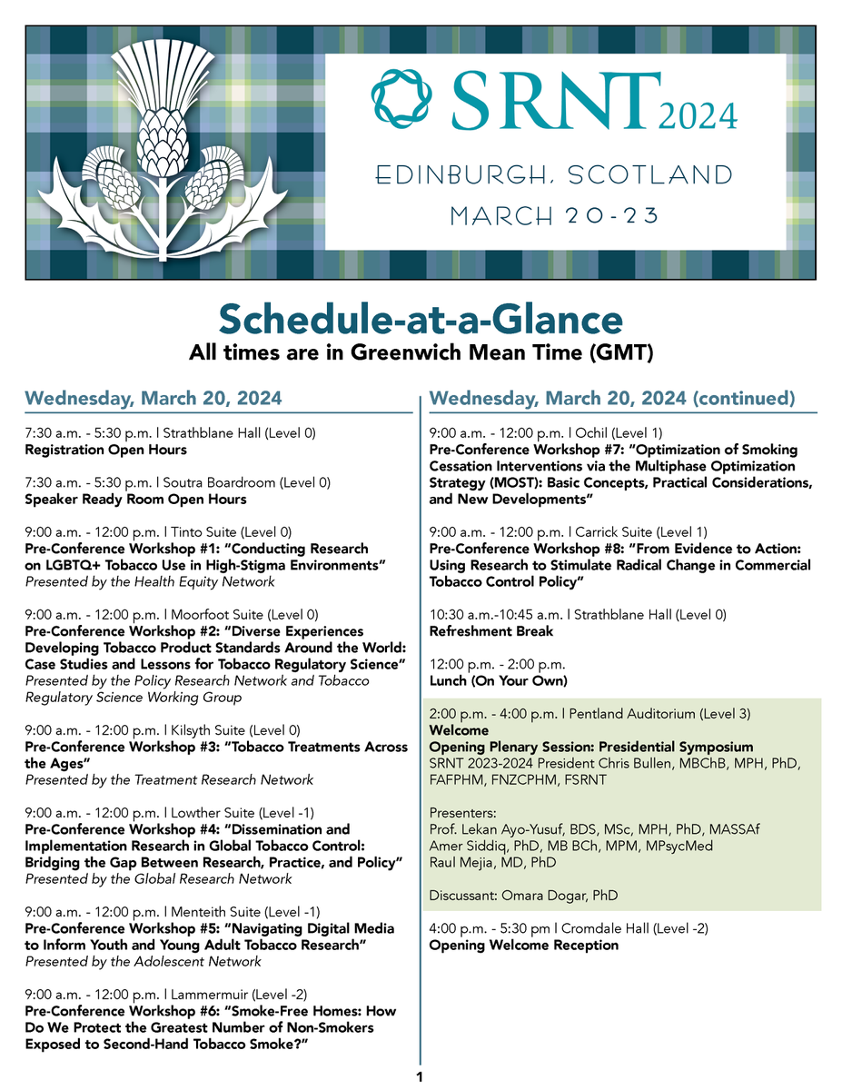The SRNT Edinburgh meeting schedule is live! Kicking off with pre-conference workshops on Wed, Dec20th, the next 4 days are filled with engaging presentations, symposia &amp; posters, concluding on Sat 2pm. Explore the full schedule here: srnt.org/page/2024_Meet… #SRNTE2024