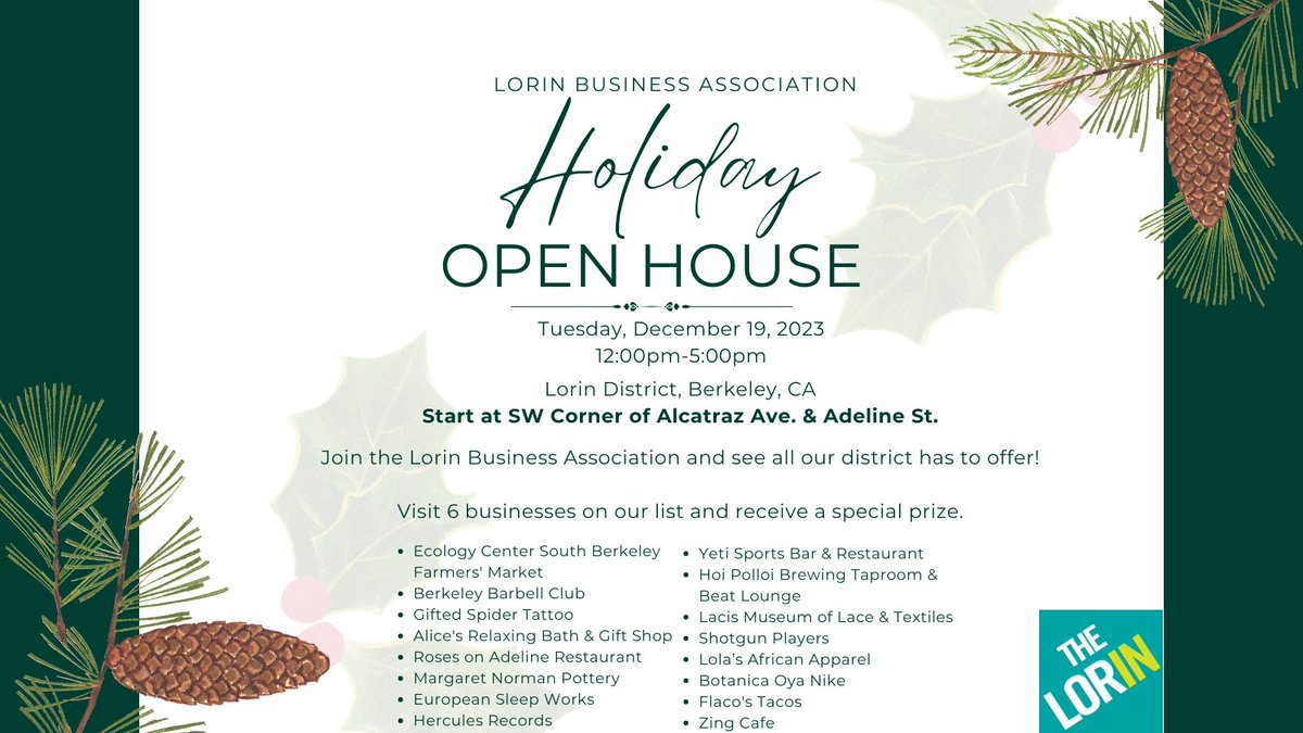 The @LorinDistrict is hosting a #Holiday Open House on Tuesday, Dec. 19th. Start at the SW Corner of Alcatraz Ave & Adeline St and see all our district has to offer! Visit 6 participating businesses and get a prize.
#Berkeley #VisitBerkeley #DiscoveredInBerkeley
#LifeintheLorin