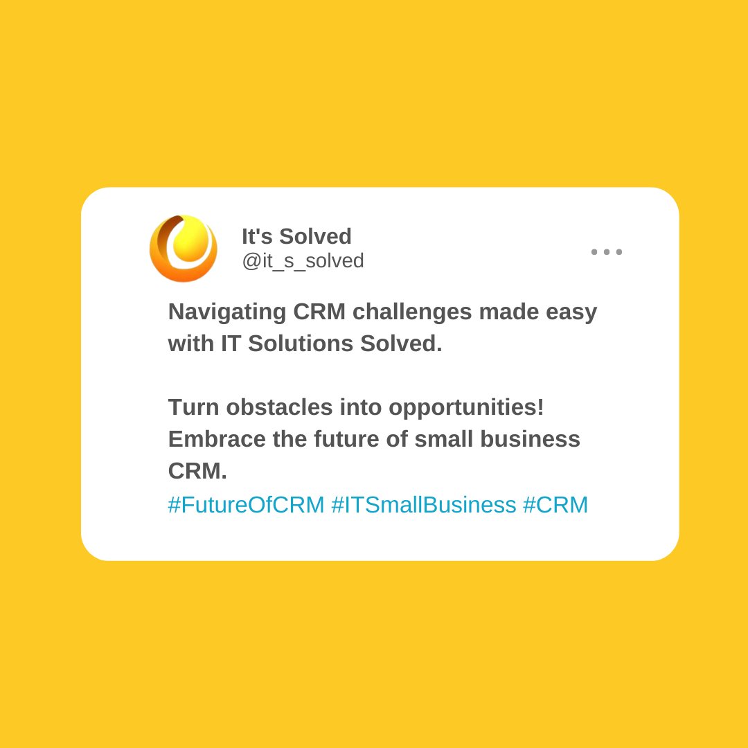 Navigating CRM challenges made easy with IT Solutions Solved.  

Turn obstacles into opportunities! Embrace the future of small business CRM. 

#FutureOfCRM #ITSmallBusiness #CRM 

Visit:- itsolutionssolved.com.au