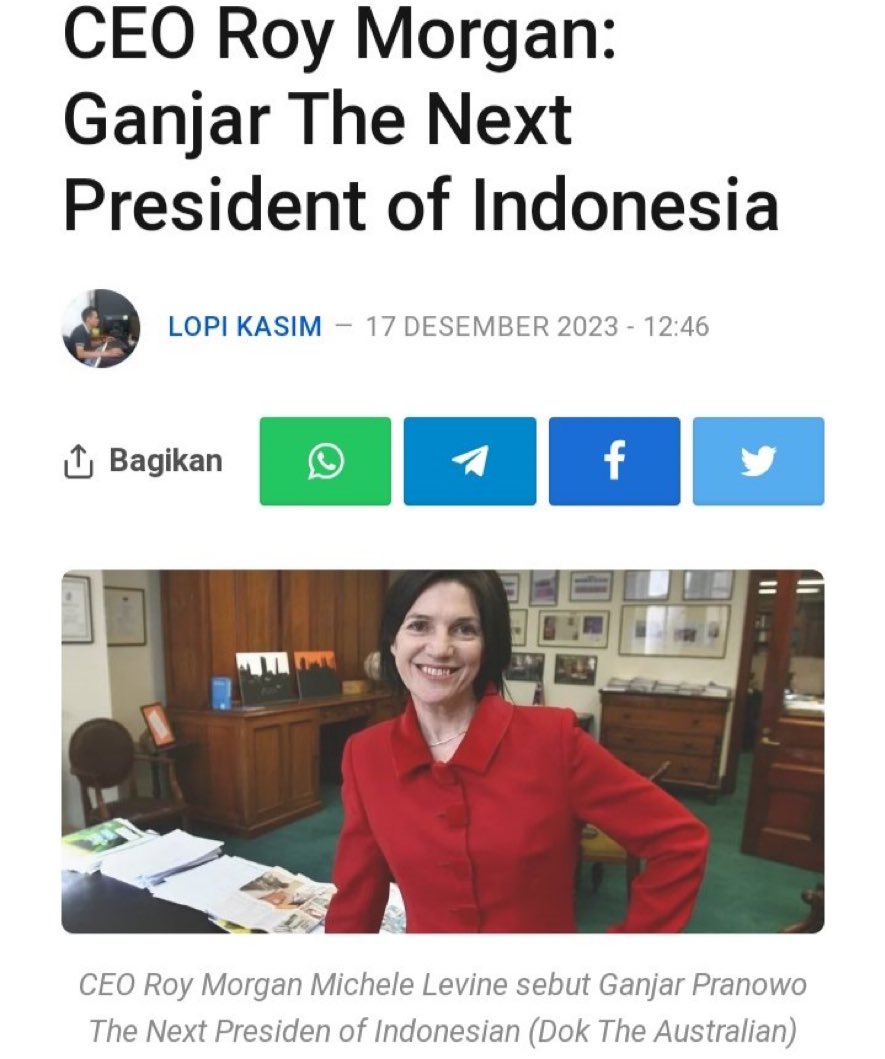 CEO Roy Morgan :

GANJAR PRANOWO The Next President of Indonesia.
Jika kalian setuju silakan like, retweet atau coment.